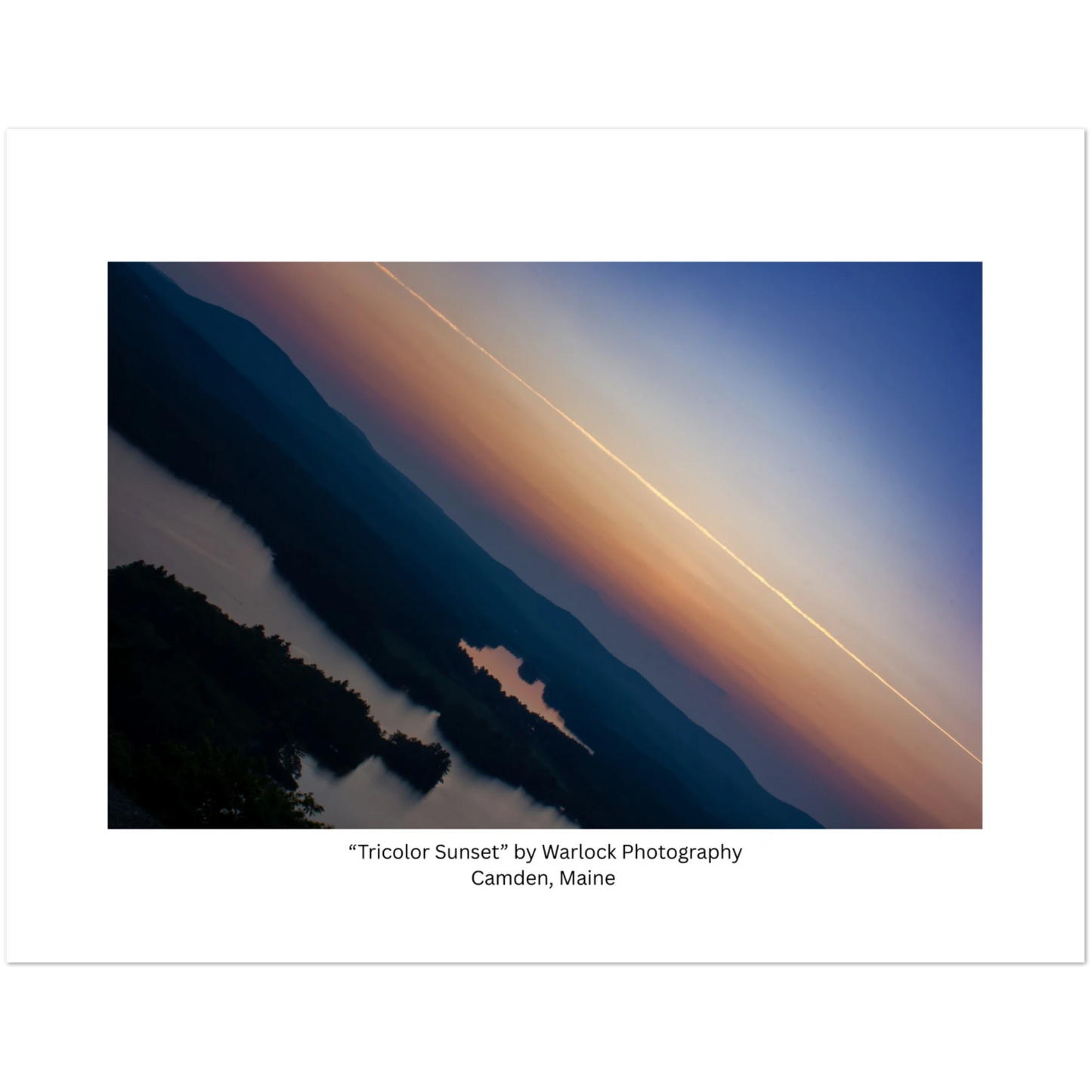 The 'Tricolor Sunset' landscape photograph by Warlock Photography, featuring a dramatic diagonal perspective and rich twilight tone