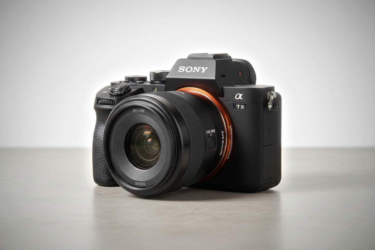 A Sony a7 III sitting on a table top.