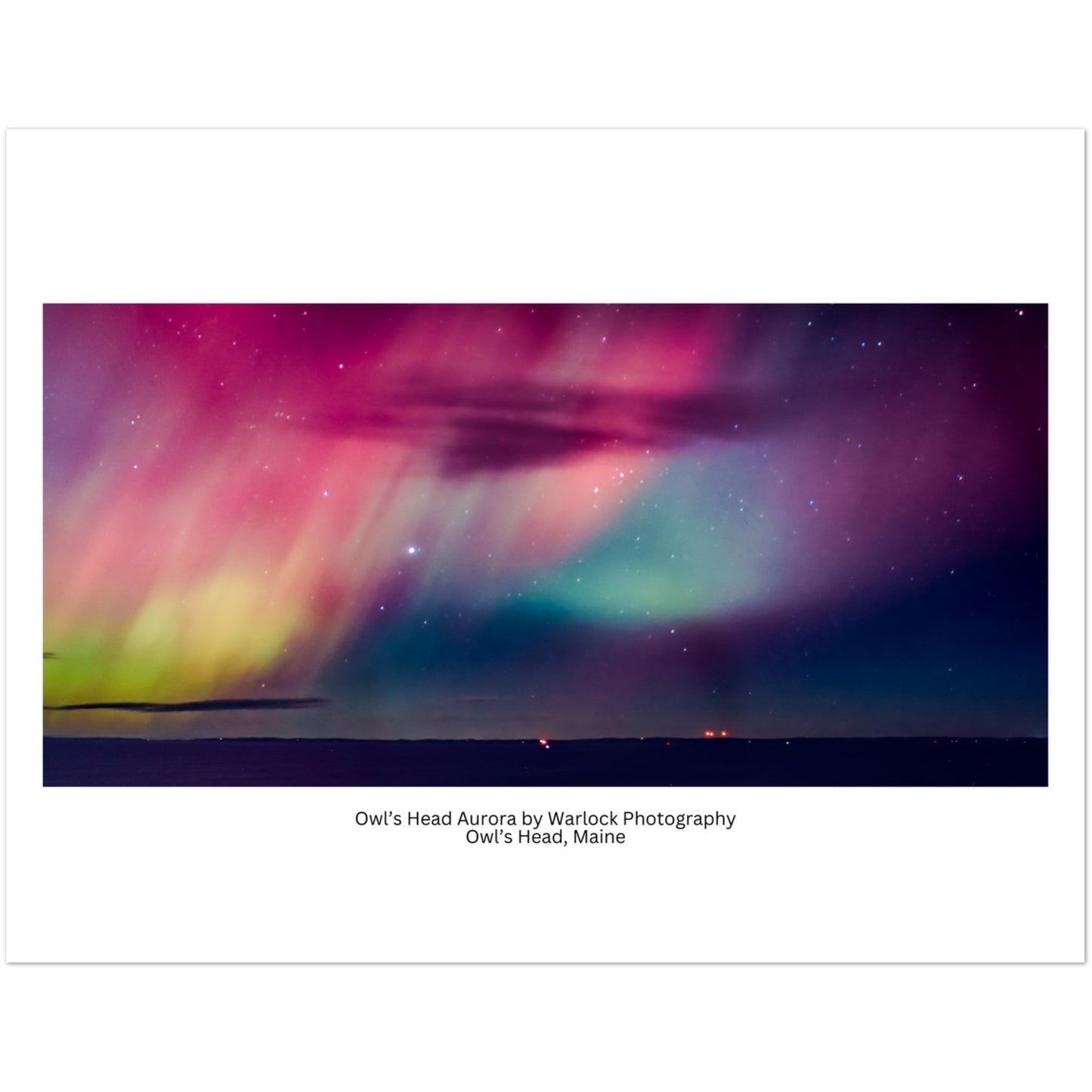 Close-up of the 'Owl's Head Aurora' 10-set postcard collection, showcasing the vibrant magenta and green colors on premium cardstock.