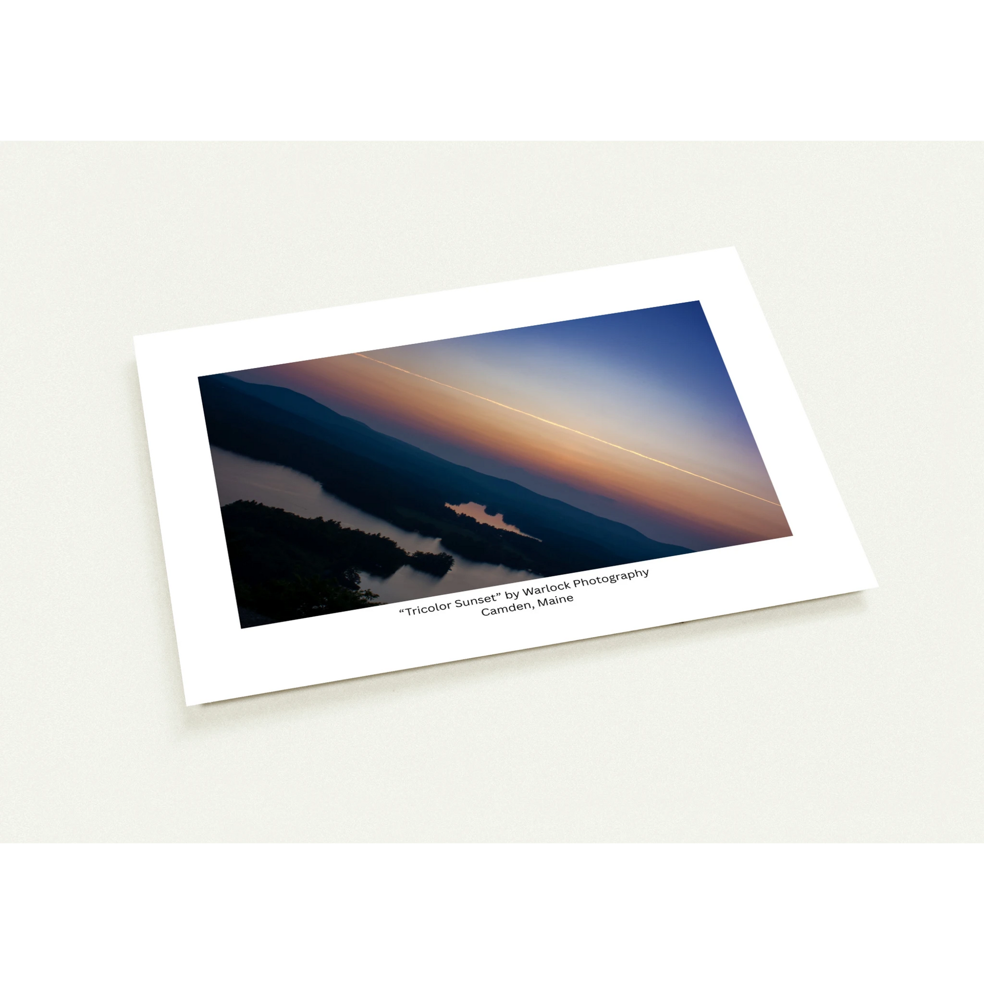 A collection of 10 'Tricolor Sunset' art postcards by Warlock Photography, showcasing a vibrant pink and orange sunset over Camden, Ma