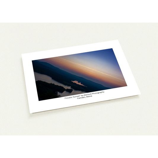 A collection of 10 'Tricolor Sunset' art postcards by Warlock Photography, showcasing a vibrant pink and orange sunset over Camden, Ma